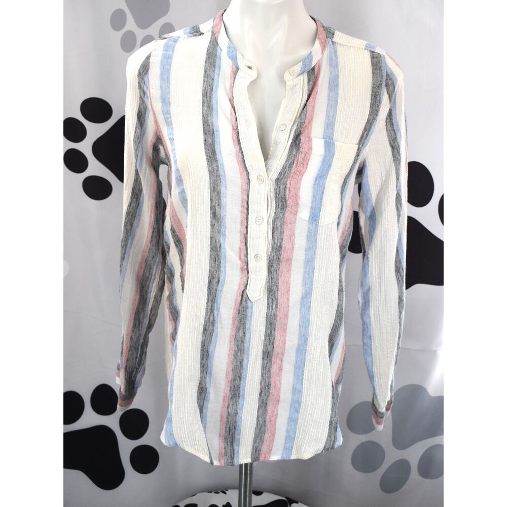 Lucky Brand Long Sleeve Multi color Striped Half Button Pocket Top Size Small